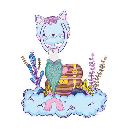 cute purrmaid with treasure chest vector illustration designのイラスト素材
