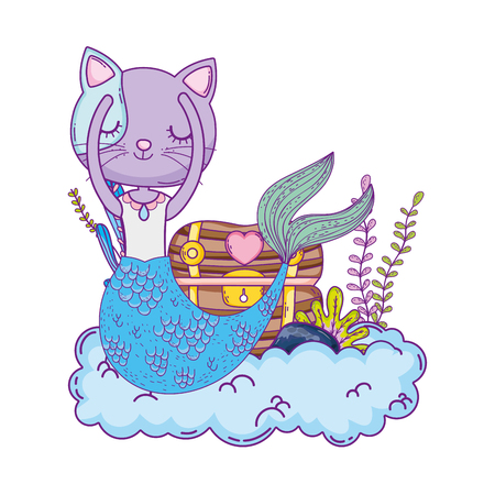 cute purrmaid with treasure chest vector illustration designのイラスト素材