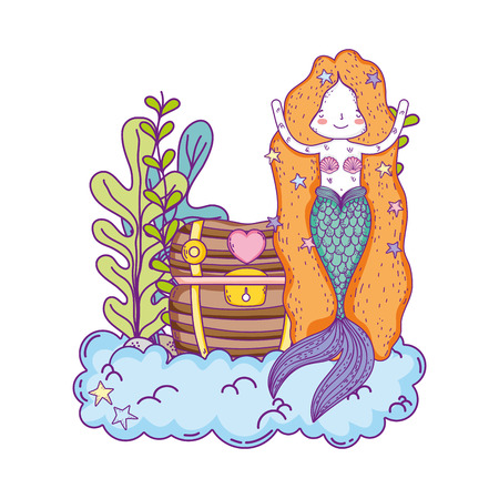 mermaid with treasure chest undersea scene vector illustration designのイラスト素材