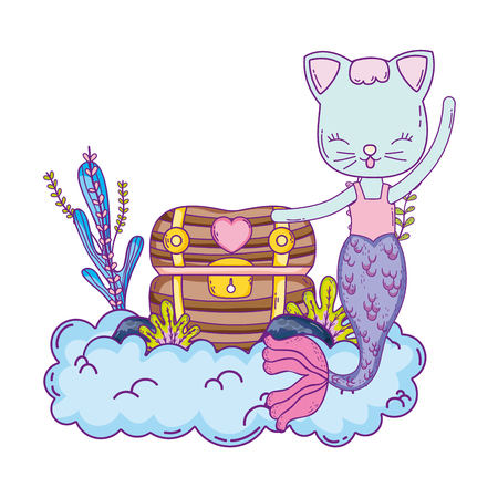 cute purrmaid with treasure chest vector illustration designのイラスト素材