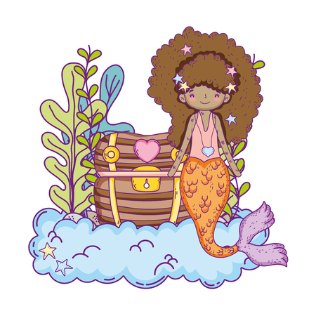 mermaid with treasure chest undersea scene vector illustration designのイラスト素材