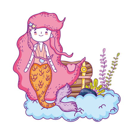 mermaid with treasure chest undersea scene vector illustration designのイラスト素材