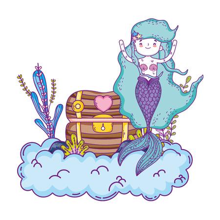 mermaid with treasure chest undersea scene vector illustration designのイラスト素材