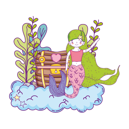 mermaid with treasure chest undersea scene vector illustration designのイラスト素材