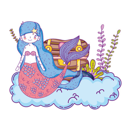 mermaid with treasure chest undersea scene vector illustration designのイラスト素材