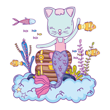 cute purrmaid with treasure chest vector illustration designのイラスト素材