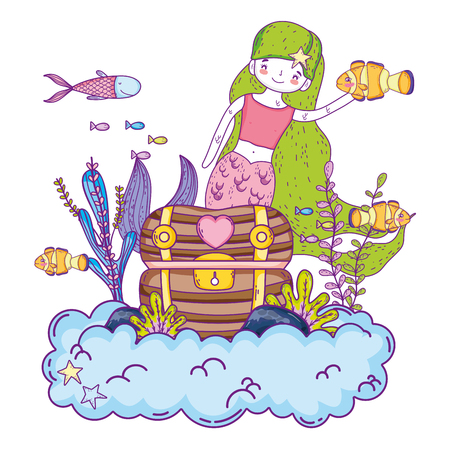 mermaid with treasure chest undersea scene vector illustration designのイラスト素材