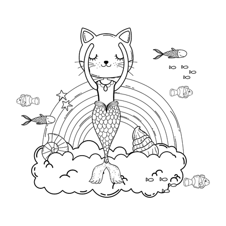 purrmaid with clouds and rainbow undersea vector illustration designのイラスト素材