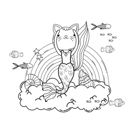 purrmaid with clouds and rainbow undersea vector illustration designのイラスト素材