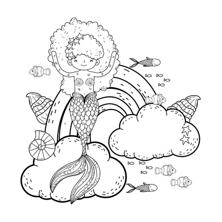 cute mermaid with clouds and rainbow vector illustration designのイラスト素材