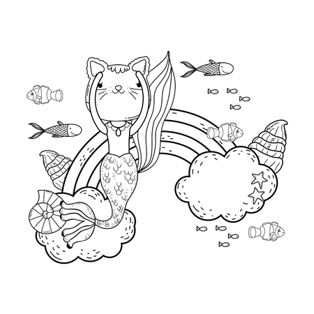 purrmaid with clouds and rainbow undersea vector illustration designのイラスト素材