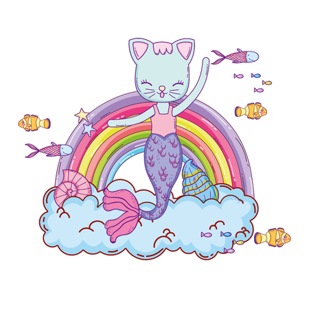 purrmaid with clouds and rainbow undersea vector illustration designのイラスト素材