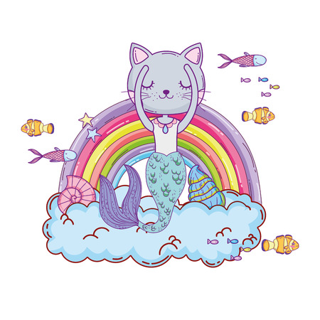 purrmaid with clouds and rainbow undersea vector illustration designのイラスト素材