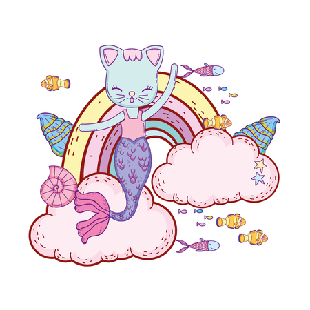 purrmaid with clouds and rainbow undersea vector illustration designのイラスト素材