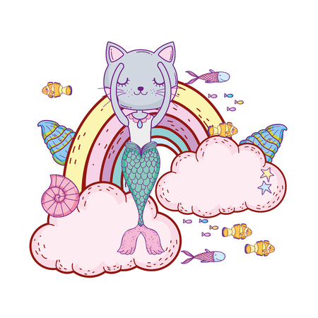mermaid with clouds and rainbow underseaのイラスト素材