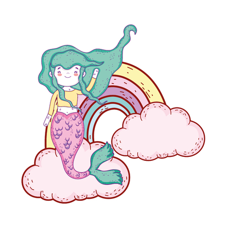 cute mermaid with clouds and rainbow vector illustration designのイラスト素材