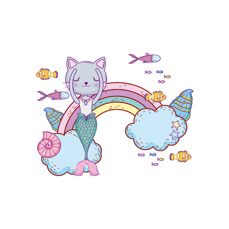 purrmaid with clouds and rainbow undersea vector illustration designのイラスト素材