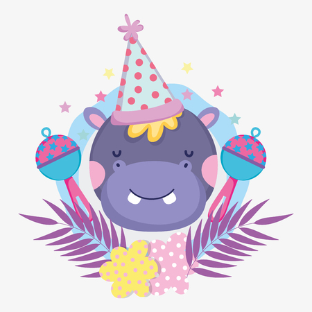 hippopotamus with party hat and rattles to baby shower vector illustrationのイラスト素材