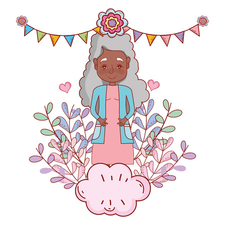 cute grandmother with party decoration over cloud cartoon vector illustration graphic designのイラスト素材