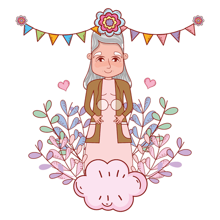 cute grandmother with party decoration over cloud cartoon vector illustration graphic designのイラスト素材