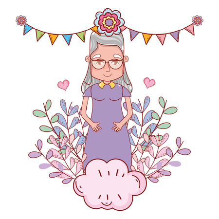 cute grandmother with party decoration over cloud cartoon vector illustration graphic designのイラスト素材
