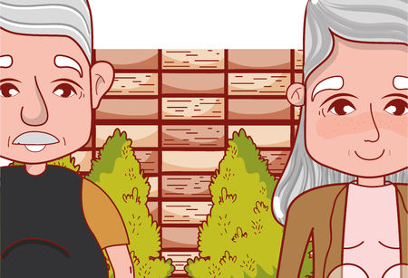 cute grandparents couple in front wall cartoon vector illustration graphic designのイラスト素材