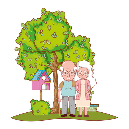 cute grandparents couple in the garden cartoon vector illustration graphic designのイラスト素材