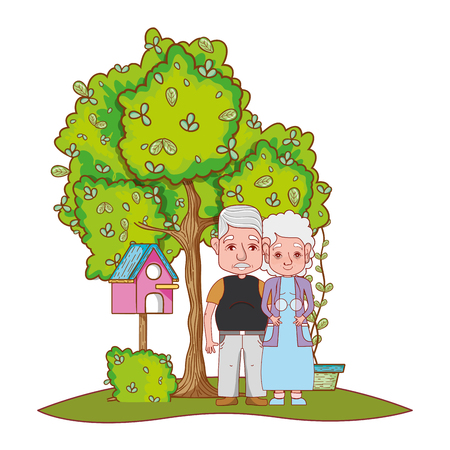 cute grandparents couple in the garden cartoon vector illustration graphic designのイラスト素材