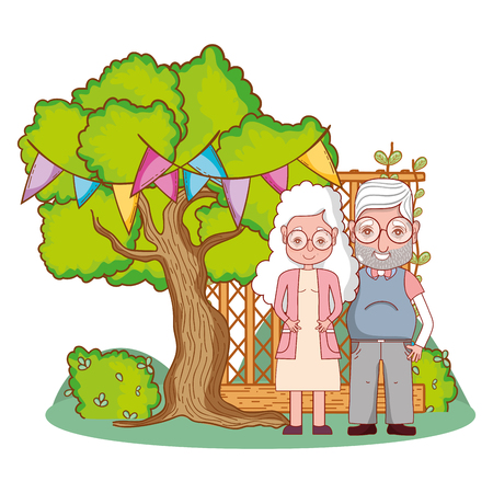 cute grandparents couple in the garden cartoon vector illustration graphic designのイラスト素材