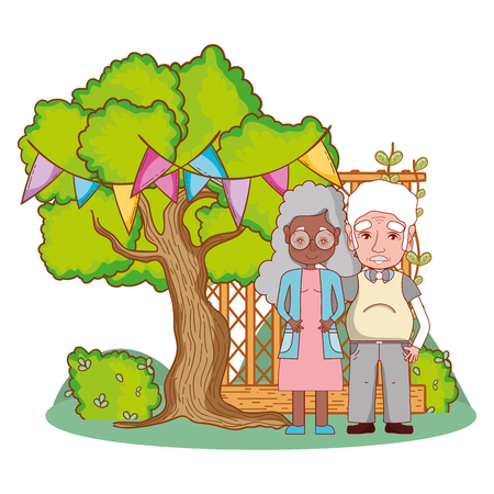 cute grandparents couple in the garden cartoon vector illustration graphic designのイラスト素材
