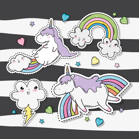 kawaii clouds with rainbow and thunder with unicorn vector illustrationのイラスト素材