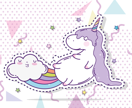 cute unicorn sticker and cloud with rainbow vector illustrationのイラスト素材