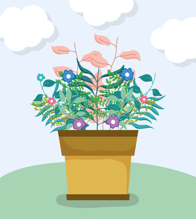 nature flowers and plant leaves inside flower pot vector illustrationのイラスト素材