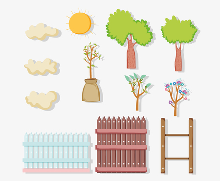 set garden trees with grillage and sun vector illustrationのイラスト素材