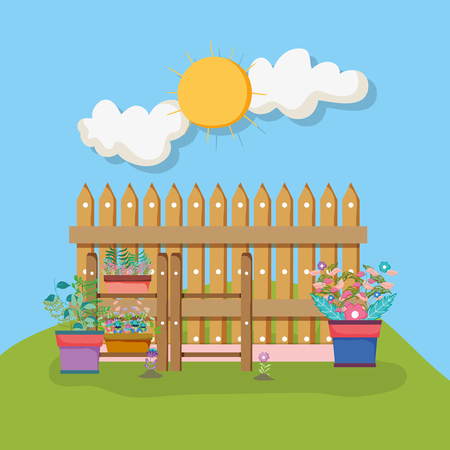 flowers with leaves inside plant pot and wood grillage vector illustrationのイラスト素材