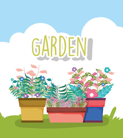 flowers and plants leaves branches inside flower pot vector illustrationのイラスト素材