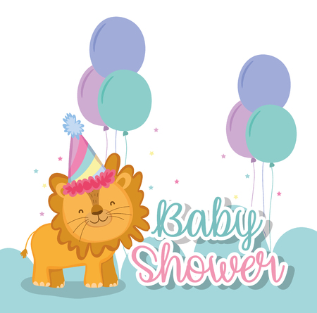 lion with party hat and balloons to celebrate baby shower vector illustrationのイラスト素材