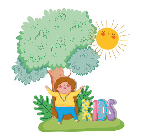 girl playing with tree and plants with sun vector illustrationのイラスト素材