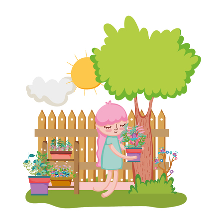 little girl lifting houseplant with fence and tree vector illustration designのイラスト素材