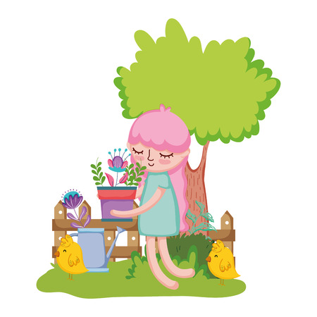 little girl lifting houseplant with tree and chick vector illustration designのイラスト素材