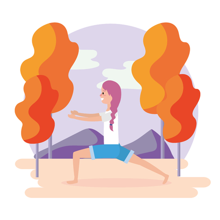 woman yoga pose exercise with trees and mountains vector illustrationのイラスト素材