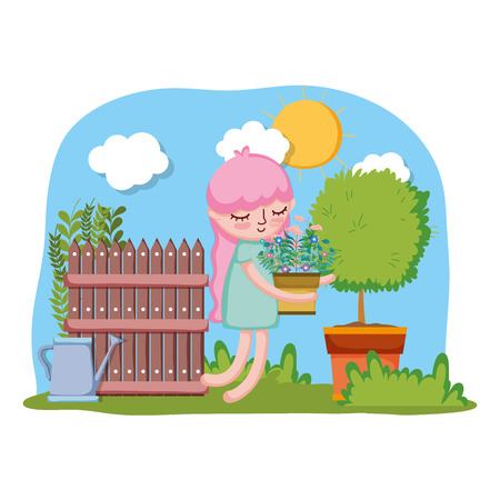 little girl lifting houseplant with tree and fence vector illustration designのイラスト素材