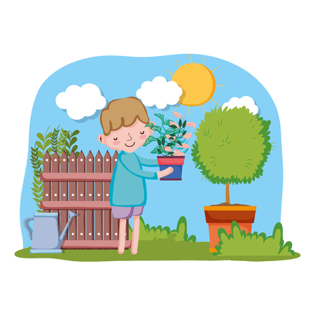 little boy lifting houseplant with fence and tree vector illustration designのイラスト素材