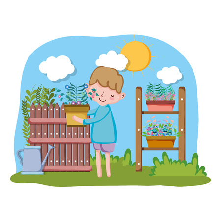 boy lifting houseplant with fence and shelf vector illustration designのイラスト素材