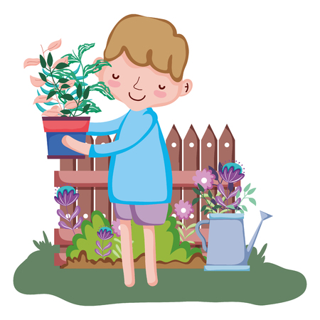 boy lifting houseplant with fence and sprinkler vector illustration designのイラスト素材