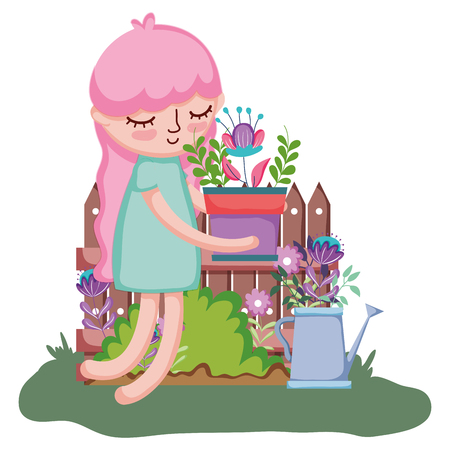 girl lifting houseplant with sprinkler and fence vector illustration designのイラスト素材