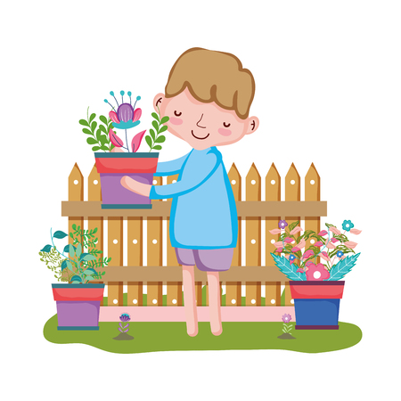 boy lifting houseplant with fence in the garden vector illustration designのイラスト素材