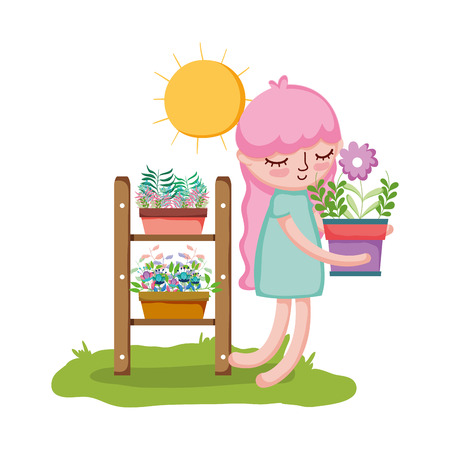 little girl lifting houseplant with garden shelf vector illustration designのイラスト素材