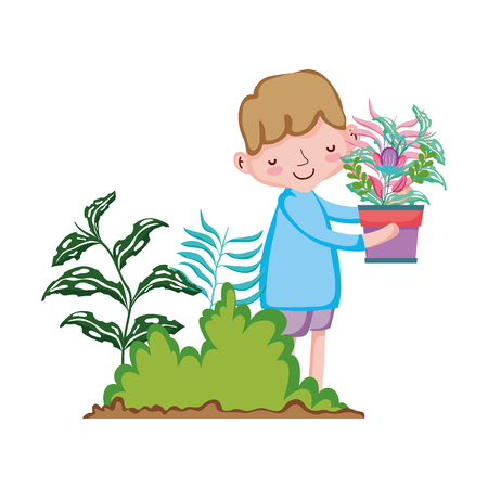little boy lifting houseplant in the garden vector illustration designのイラスト素材
