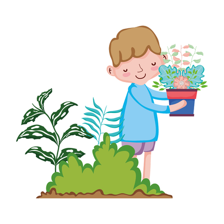 little boy lifting houseplant in the garden vector illustration designのイラスト素材
